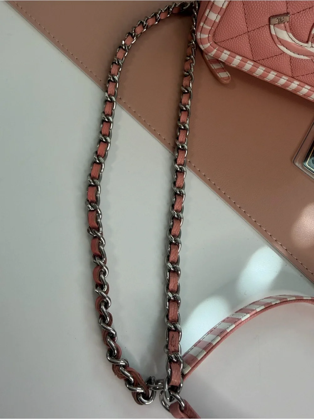 Chanel Pink Caviar Leather Striped La Pausa Camera Bag Case Crossbody Black Card